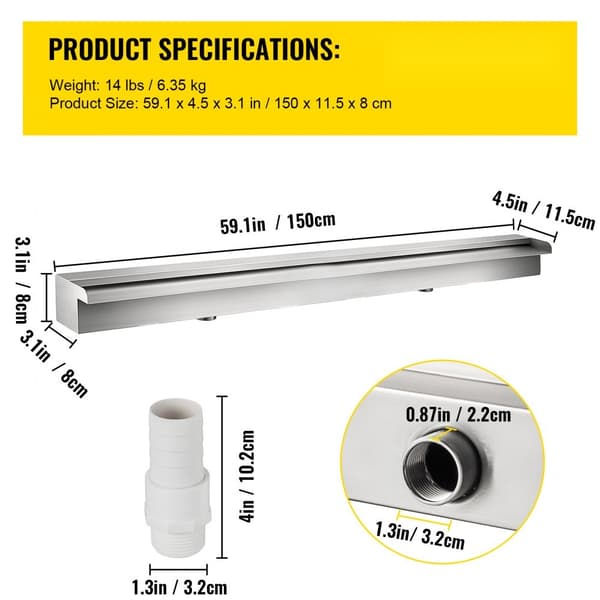 59,1" x 4,5" x 3,1" dekorativ vandfaldsbassin i rustfrit stål til både indendørs og udendørs havedammen.