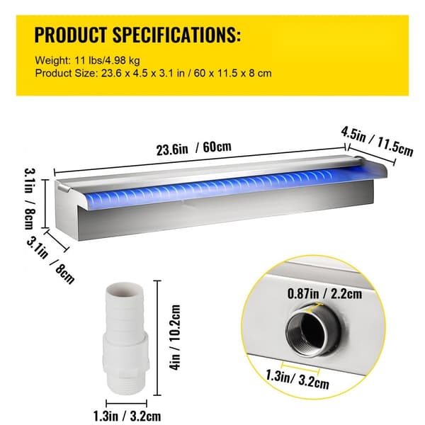 Vattenfall Pool Fontän Rektangulär & LED Strip Ljus 23,6" X 4,5" X 3,1"
