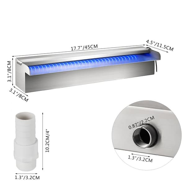 Vattenfallsbassängfontän i rostfritt stål 17,7 x 4,5 x 3,1 tum med LED-ljus för simdamm och vattenfallsblad.