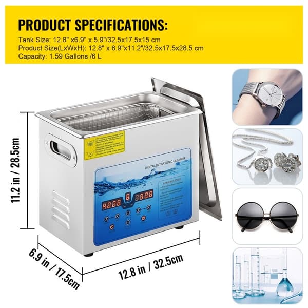 Ultralydsrensemaskine, 36KHz~40KHz justerbar frekvens, 6L 220V, digital timer og varmelegeme. Ideel til smykker og briller. FCC/CE/RoHS godkendt.