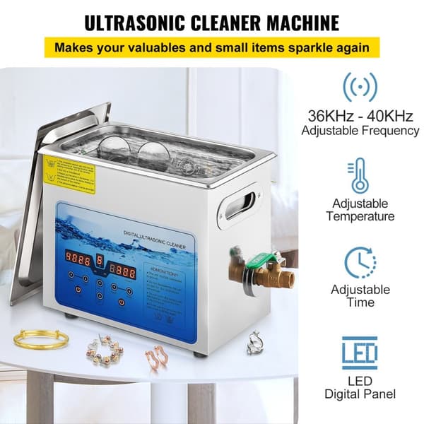 Ultralydsrensemaskine, 36KHz~40KHz justerbar frekvens, 6L 220V, digital timer og varmelegeme. Ideel til smykker og briller. FCC/CE/RoHS godkendt.