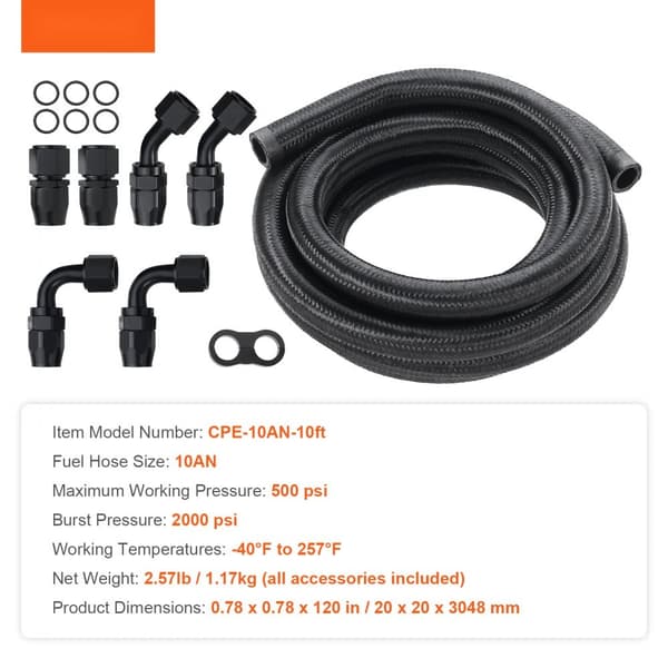 10AN Polttoaineletkusarja, 10 FT, 0,55" Nylon, ruostumaton teräs, öljy-/kaasu-/dieselletku, 7 kpl kääntyviä liittimiä.