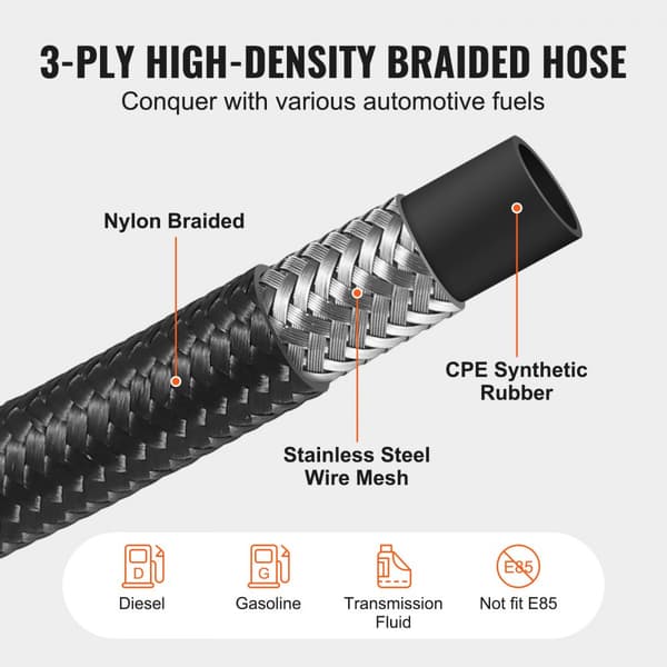 8AN brændstofledningssæt, 20 FT slangesæt i nylon/stål til olie/gas/diesel med 12 drejelige adaptere, sort.