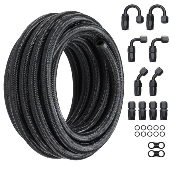 8AN brændstofledningssæt, 20 FT slangesæt i nylon/stål til olie/gas/diesel med 12 drejelige adaptere, sort.