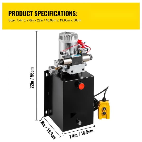 Kaksitoiminen hydraulinen voimayksikkö, painemittari ja 12 Quart hydraulinen pumppu.