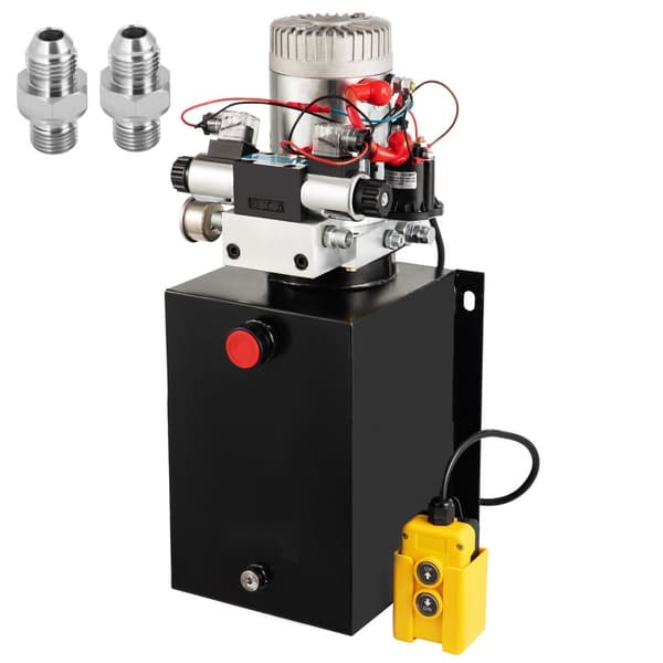 Kaksitoiminen hydraulinen voimayksikkö, painemittari ja 12 Quart hydraulinen pumppu.