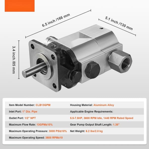 Hydraulisk vedklyvningspump 13GPM, 3000PSI, 1'' inlopp, 1/2'' NPT-utlopp, för vedklyvare och snöplog.
