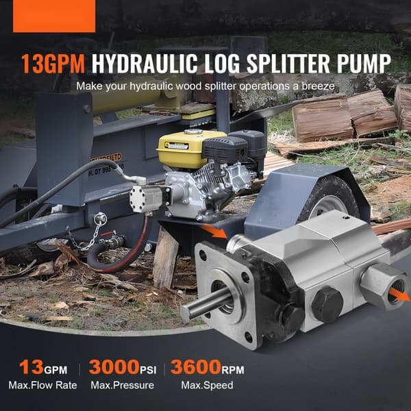 Hydraulisk vedklyvningspump 13GPM, 3000PSI, 1'' inlopp, 1/2'' NPT-utlopp, för vedklyvare och snöplog.