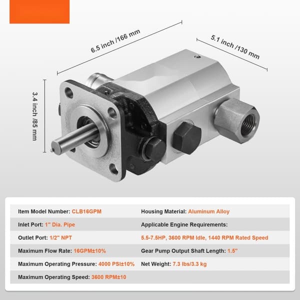 Hydraulisk tømmerstamsplitterpumpe, 16GPM, 4000PSI, 2-trins, 1'' indløb, 1/2'' NPT udløb. Ideel til små motorer og sneplove.