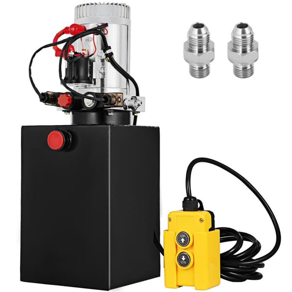 Elektrisk hydraulikpumpe 12 quart, dobbeltvirkende med metalbeholder til dumpertrailer. Effektiv og holdbar løsning til transportbehov.