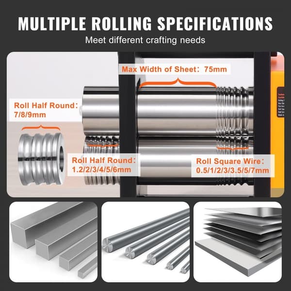 Valsverk, 2,95"/75 mm smycken, 1:2 utväxling, 3-i-1 multifunktions valsverk, 0,03-6,5 mm för metallsmycken.