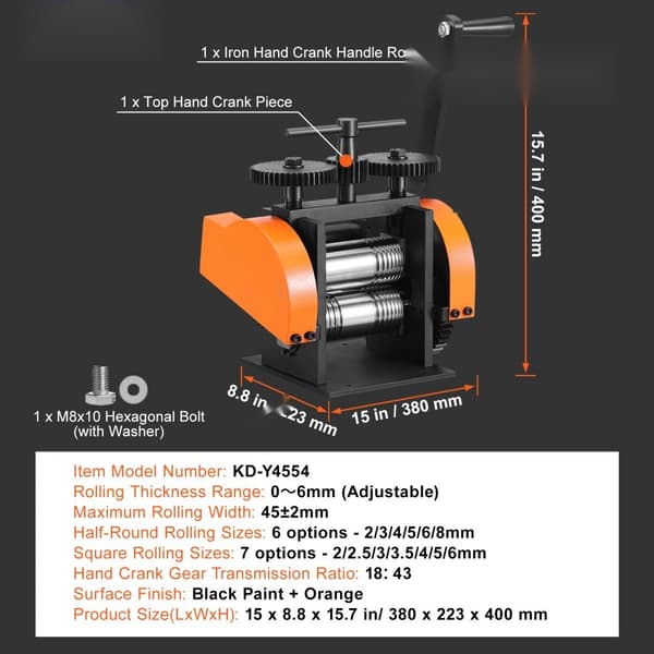 Valsverk 1,77"/45 mm smyckesvals, 2,4 utväxling, 3-i-1 multifunktionell, 0-6 mm press för metallsmycken.
