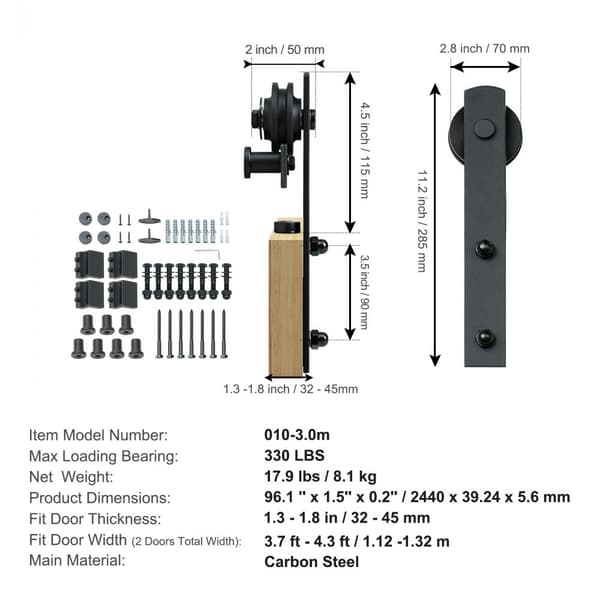 8FT glidende stalddørssæt, robust 330LBS hårdtfødt spor, passer til 3,7-4,3 FT bredde og 1,3"-1,8" tykt panel med lydløs remskive (I-form).