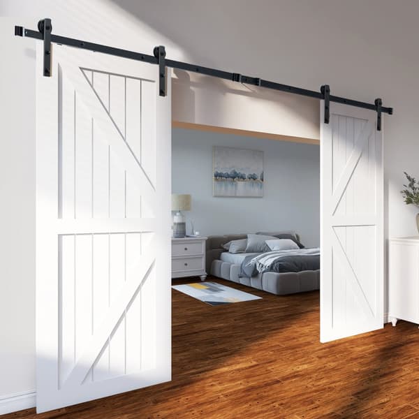 8FT glidende stalddørssæt, robust 330LBS hårdtfødt spor, passer til 3,7-4,3 FT bredde og 1,3"-1,8" tykt panel med lydløs remskive (I-form).
