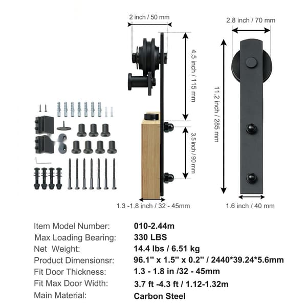 8FT glidende stalddør hardware sæt, 330LBS belastning. Passer til døre 3,7-4,3FT brede og 1,3"-1,8" tykke. Stille remskive (I-form).