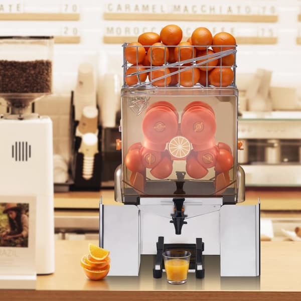 Kaupallinen appelsiinimehukone 120 W mehupuristin, varustettu poistovesihanan kanssa.