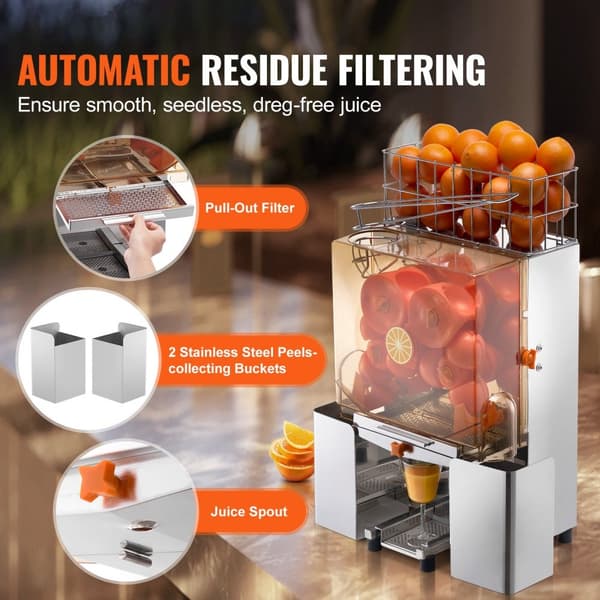 Kommersiell appelsinjuicepresser 120W - juiceudvinder med filterboks. Effektiv og praktisk til juiceproduktion.