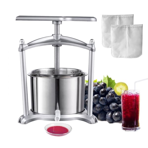 Fruktvinpress 1,6 gallon/6L, 2 fat i rostfritt stål, manuell juicemaskin för cider, grönsaker, honung och olivolja.