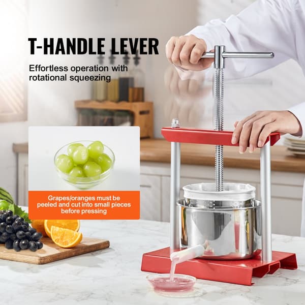 Fruktvinpress 1,6 gallon/6L, 2 rostfria fat, manuell juicemaskin för cider, grönsaker, honung och olivolja. T-handtag.