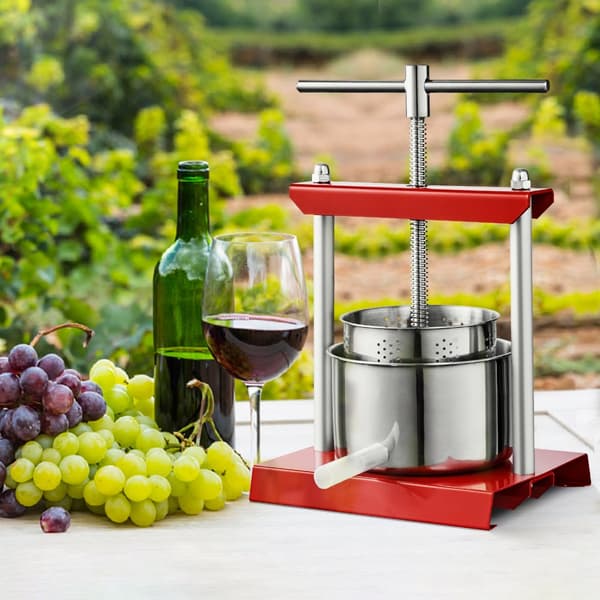Fruktvinpress 1,6 gallon/6L, 2 rostfria fat, manuell juicemaskin för cider, grönsaker, honung och olivolja. T-handtag.