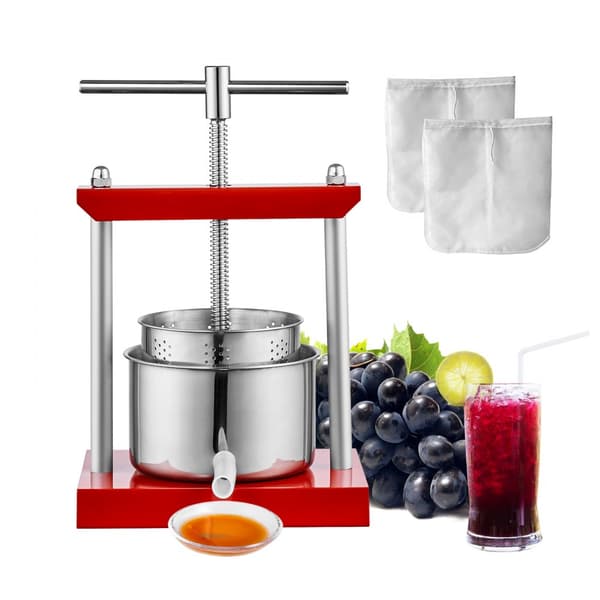 Fruktvinpress 1,6 gallon/6L, 2 rostfria fat, manuell juicemaskin för cider, grönsaker, honung och olivolja. T-handtag.