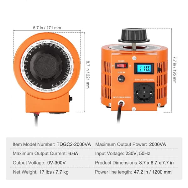 2000VA säädettävä jännitemuuntaja 6.6A 0-300V LCD-jännitesäädin, CE-hyväksytty.