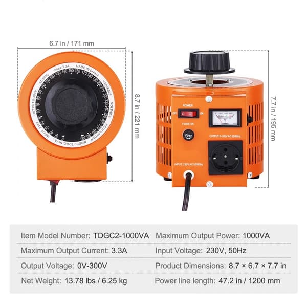 1000VA transformator för justerbar spänning 3,3A 0-300V AC spänningsregulator CE-certifierad