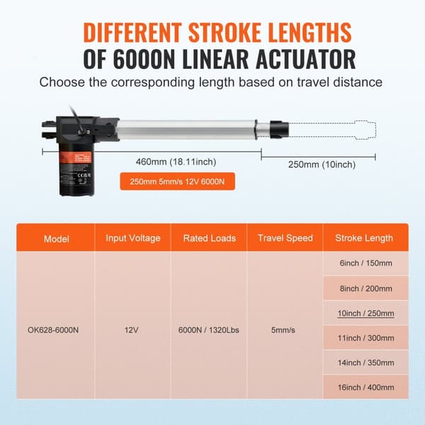 Lineær aktuator 12V 10In, kraftig med 1320lbs/6000N, hastighed 0,19"/s, IP44 beskyttelse for holdbarhed.