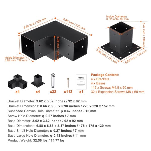Pergola Kiinnikesarja 101,6 x 101,6 mm, 8 kpl, kestävä kulmakiinnike puupalkkien asentamiseen huvimajaan ja patioon.
