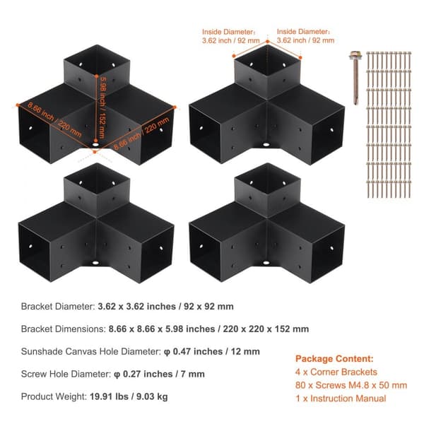 Pergola kannatinsarja 101x101mm, 4 kpl Heavy Duty kulmakiinnike, helppo asentaa puupalkkeihin ulkotiloissa.
