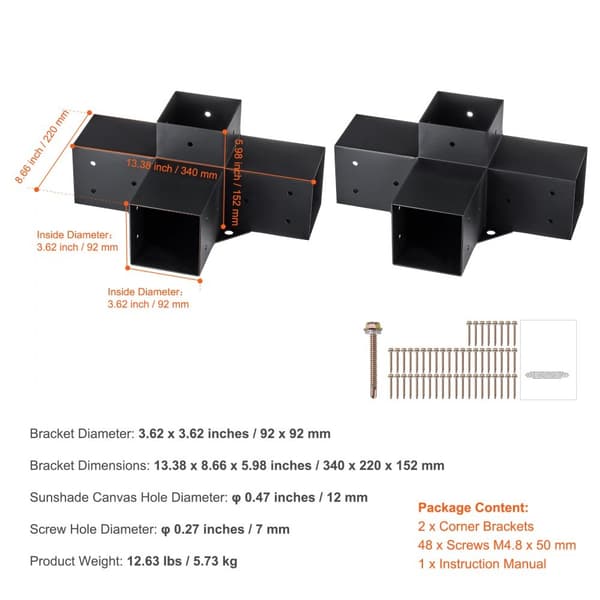 Pergola Beslag Kit 101x101mm, 2 stk 4-vejs Hjørnebeslag, Stærk konstruktion til DIY, Nem montering af træ til lysthuse og havemøbler.