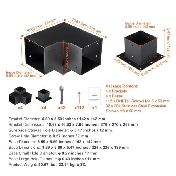 Pergola beslag kit 152,4 x 152,4 mm, 8 st 3-vägs hörnfäste för DIY träverk, enkel installation för uteplatser och lusthus.