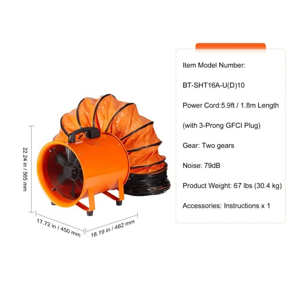 Bærbar ventilator, 406,4 mm cylinderventilator, 900 W, 10 m slange, kraftig blæser til industrielt brug og røgudsugning.