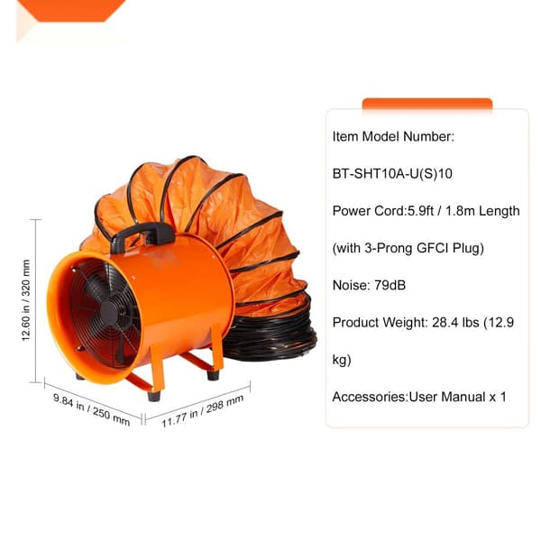 254 mm bærbar udsugningsblæser med 10 m kanalslange - Industriel ventilator til effektiv luftcirkulation.