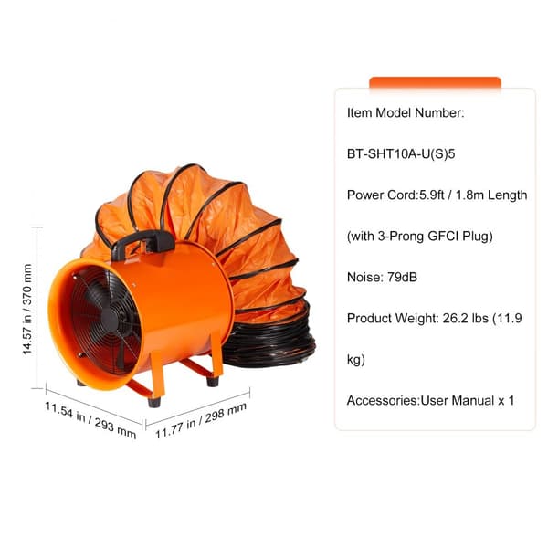 254 mm Bærbar Udsugningsblæser med 5m kanalslange – Effektiv Industriel Ventilator