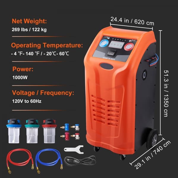 Fuldautomatisk kølemiddelgenvindingsmaskine med dobbeltcylinder og indbygget kompressor. Til R134A+R1234YF, perfekt til HVAC.