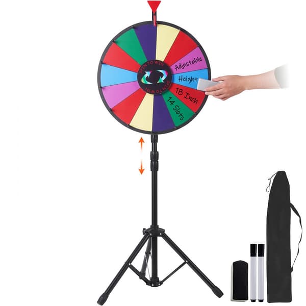 18” præmiehjul stativ til gulv. Farverigt Fortune Spinner med 14 slots. Ideelt til messer og underholdning!
