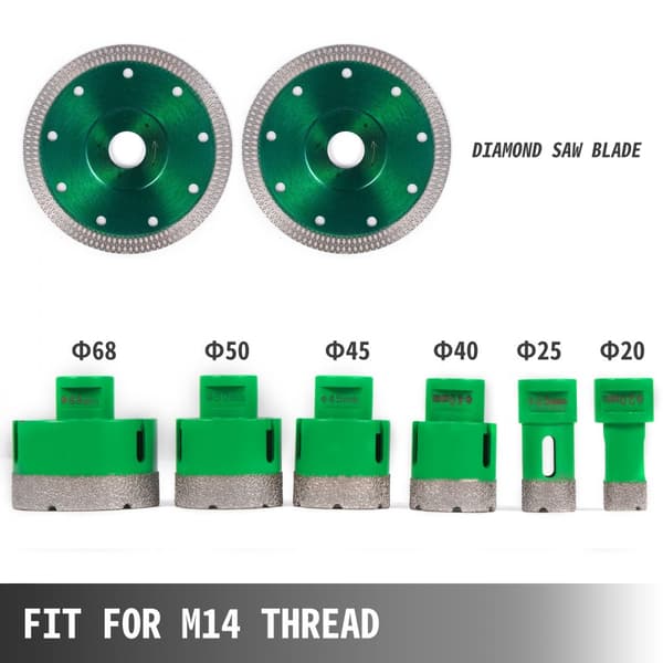6 stk diamant hulsavsæt med M14 gevind, 20/25/40/45/50/68 mm (0,79/1/1,6/1,77/2/2,7 tommer) inkl. 2 savklinger.