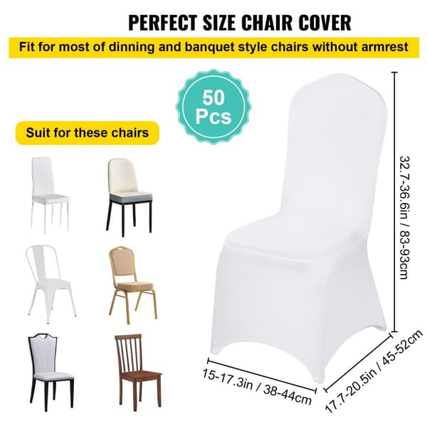 50 stk. Stolebetræk til Bryllup - Hvid Spandex, Strækstof, Aftageligt og Vaskbart. Perfekte slipcovers til banketter og ceremonier (Flad, 50 STK)