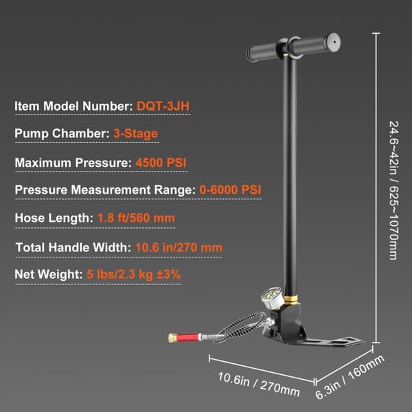 3-trins håndpumpe i high-end 301 rustfrit stål, op til 4500 psi (30 MPa), ideel til PCP luftgeværer. Trykmåler 0-5800 psi (40 MPa).