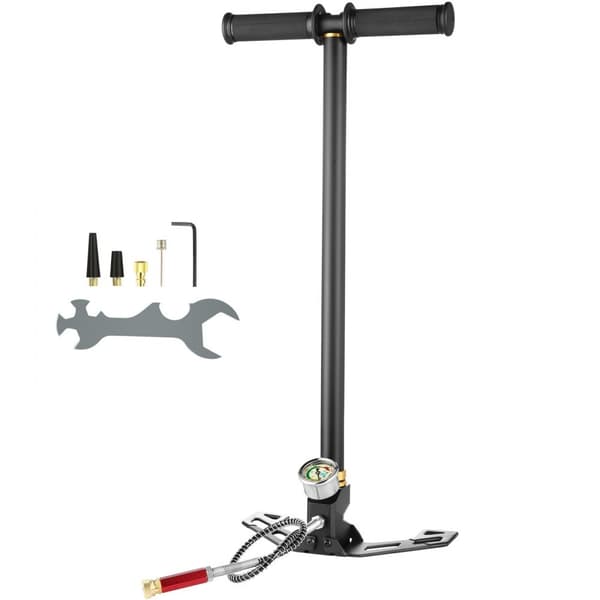 3-trins håndpumpe i high-end 301 rustfrit stål, op til 4500 psi (30 MPa), ideel til PCP luftgeværer. Trykmåler 0-5800 psi (40 MPa).