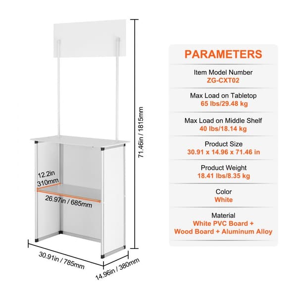 Käytännöllinen taitettava messupöytä, mitat 30,91" x 14,96" x 71,46", mukana säilytyskassi ja teline.