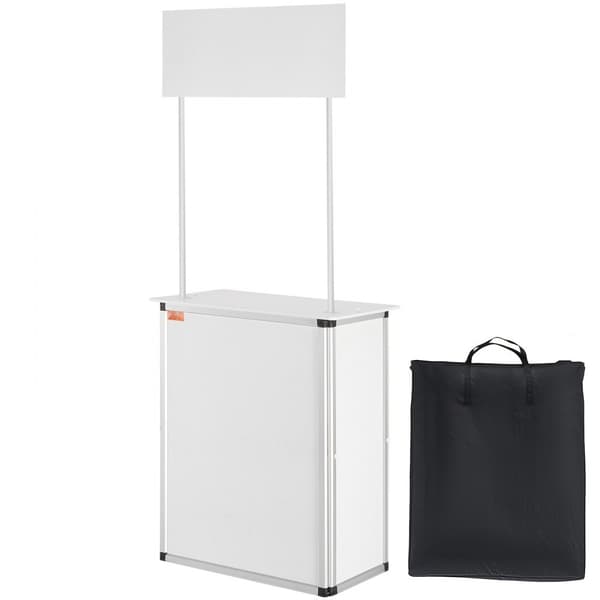 Käytännöllinen taitettava messupöytä, mitat 30,91" x 14,96" x 71,46", mukana säilytyskassi ja teline.