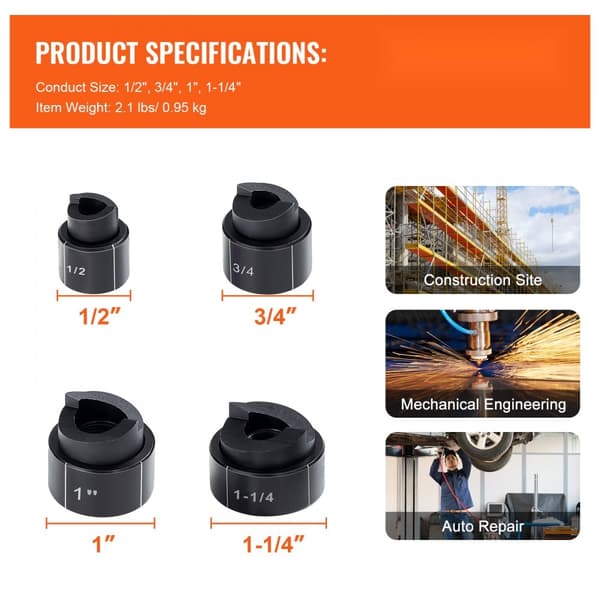 Hydrauliskt knockout-punch-kit, 4 st 1/2", 3/4", 1", 1-1/4" ledningshålskärare för aluminium, mässing, stål och plast.