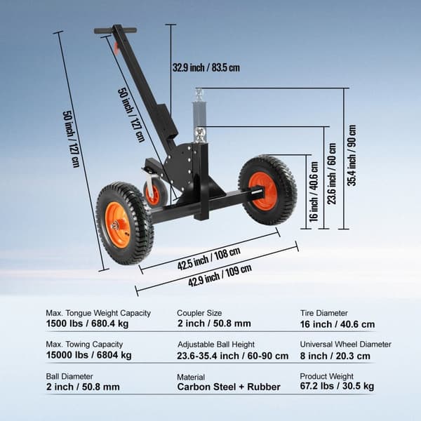 Justerbar trailer dolly, 1500 lbs kapacitet, 2-i-1 trailer mover med justerbar højde (23,6''-35,4''), pneumatiske dæk og universalkompatible