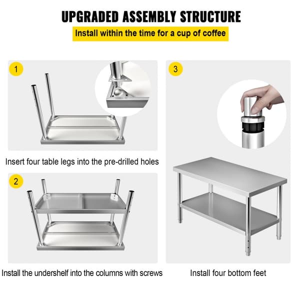 Rustfrit ståls forberedelsesbord, 48 x 30 x 34 tommer, 550 lbs kapacitet. Heavy-duty metal arbejdsstation til køkken, garage og baggård.