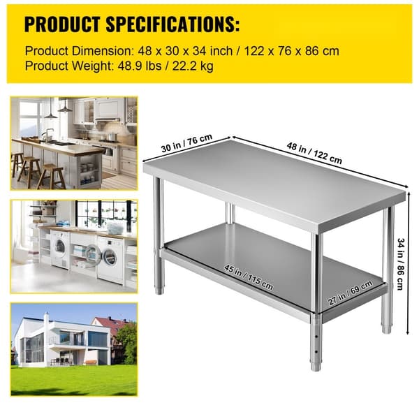Rustfrit ståls forberedelsesbord, 48 x 30 x 34 tommer, 550 lbs kapacitet. Heavy-duty metal arbejdsstation til køkken, garage og baggård.