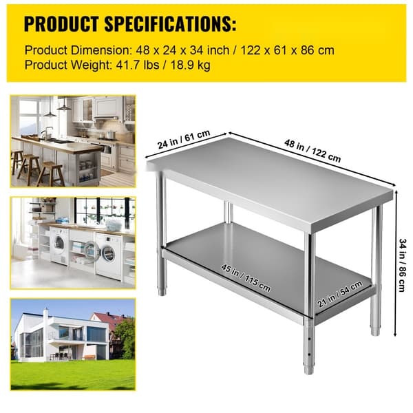 Förberedningsbord i rostfritt stål, 48x24x34 tum, 550 lbs kapacitet, tungt metallbord med justerbar hylla för kök och garage.