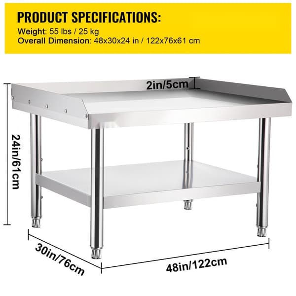 Rustfrit stål grillbord 48 x 30 x 24 tommer, med justerbar hylde til opbevaring. Ideelt til hotel, hjem og restaurantkøkken.
