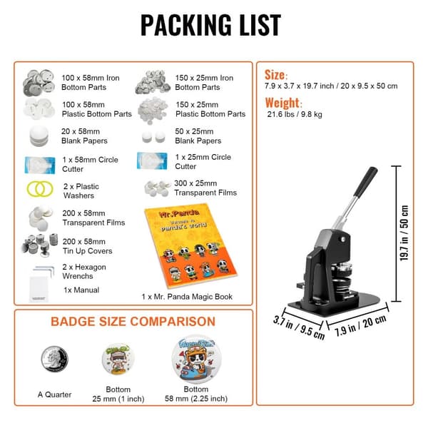 Button Maker Maskin Badgemaskin 1"+2,25" Presskit för 500 gratisdelar